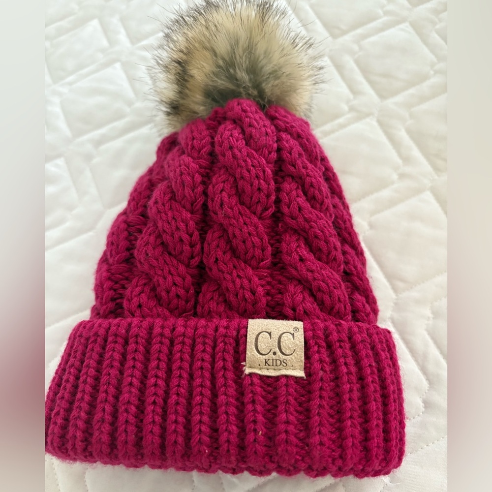 Brown and Red Cable Knit Hat with Pom-Pom